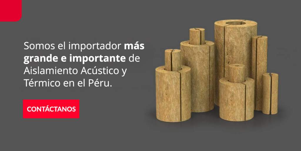 Banner corporativo de Acoustic & Thermal resaltando que es el importador más grande e importante de aislamiento acústico y térmico en Perú. Imagen con preformados de lana de roca para tuberías industriales.